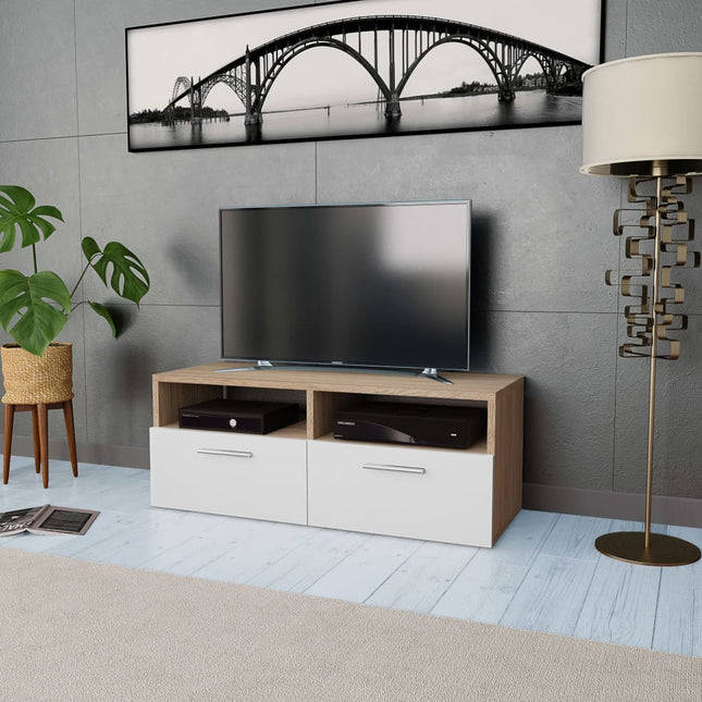 tv-bord 95x35x36 cm konstrueret træ egetræsfarve og hvid