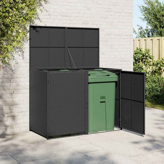 dobbelt skraldespandsskjuler polyrattan sort 148 x 80 x 111 cm