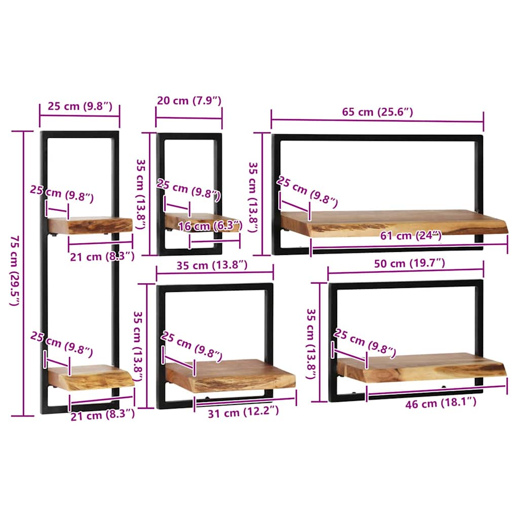 væghyldesæt 5 dele massivt akacietræ og stål