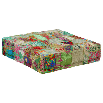 puffe med patchwork firkantet bomuld håndlavet 50 x 50 x 12 cm grøn