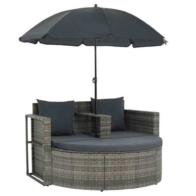 2-personers havesofa med hynder og parsol polyrattan grå