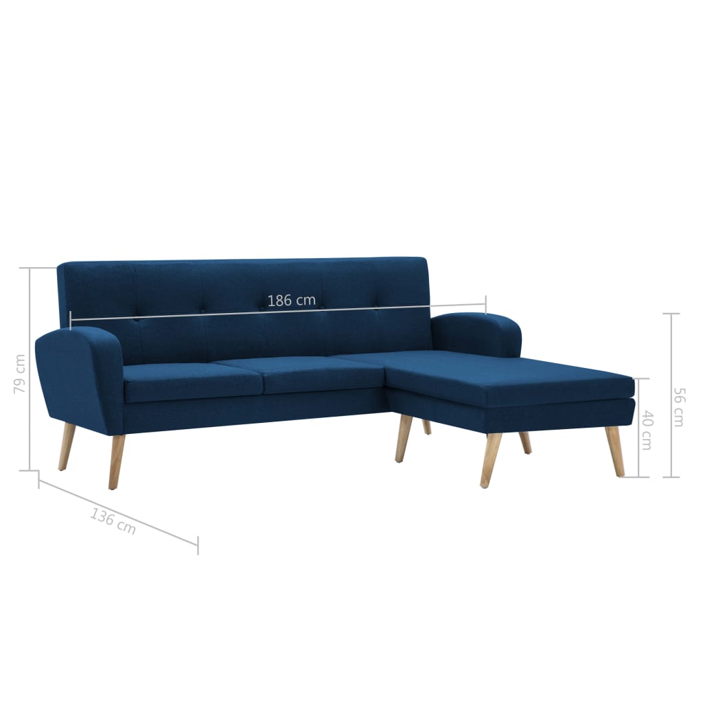 L-formet sofa i stofbeklædning 186 x 136 x 79 cm blå