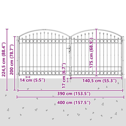 hegnslåge ASSEN dobbeltdør med buet top stål 400x175 cm