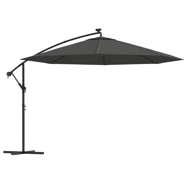 hængeparasol med LED-lys og metalstang 350 cm antracitgrå