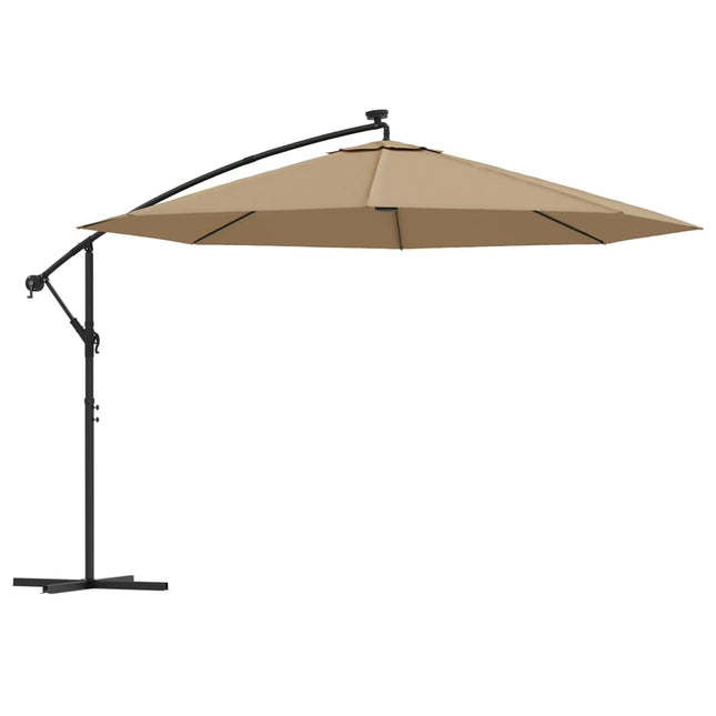 hængeparasol med LED-lys og metalstang 350 cm gråbrun