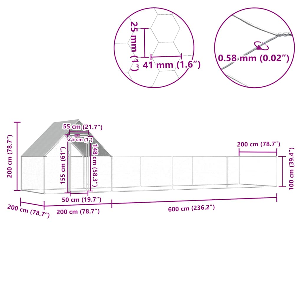 hønsegård 8x2x2 m galvaniseret stål