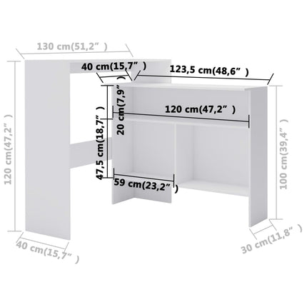 barbord med 2 bordplader 130x40x120 cm hvid