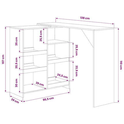 barbord med flytbar hylde 138x39x110 cm sort