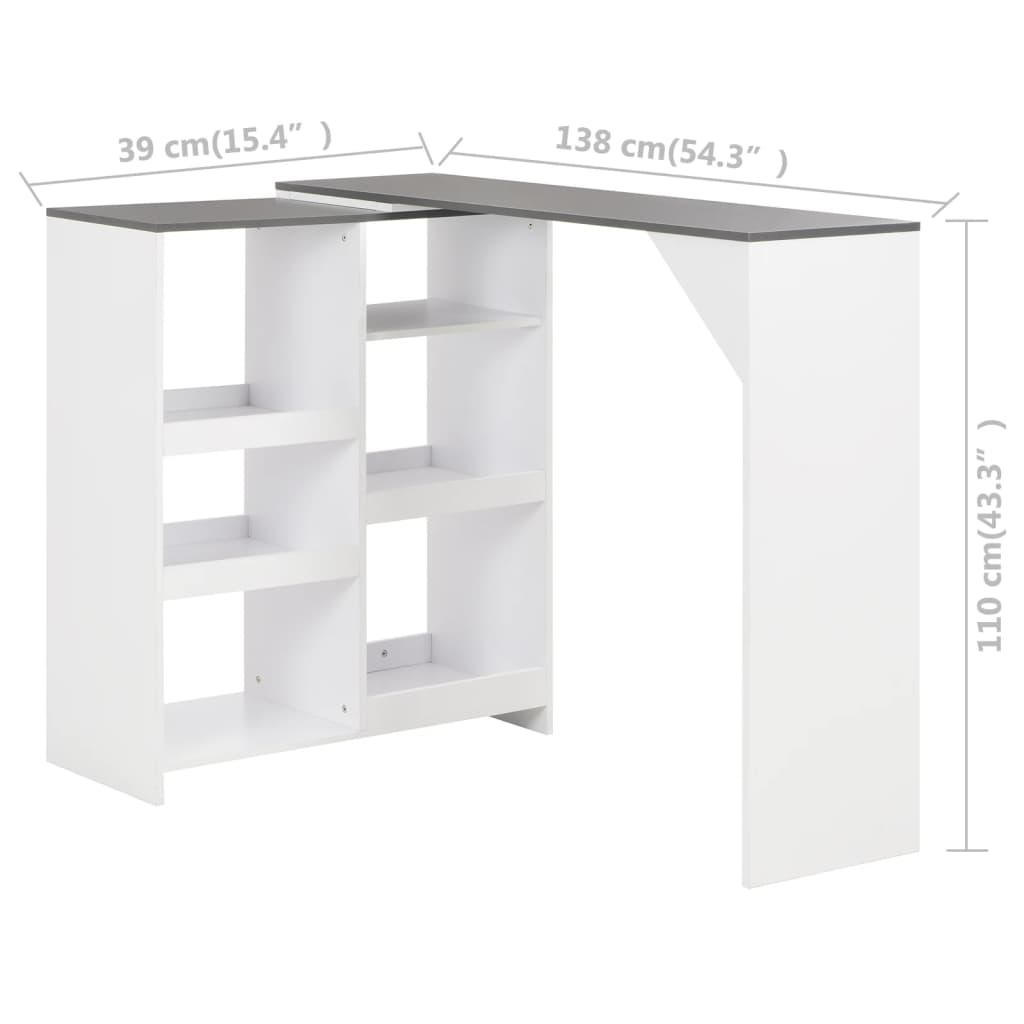 barbord med flytbar hylde 138x39x110 cm hvid