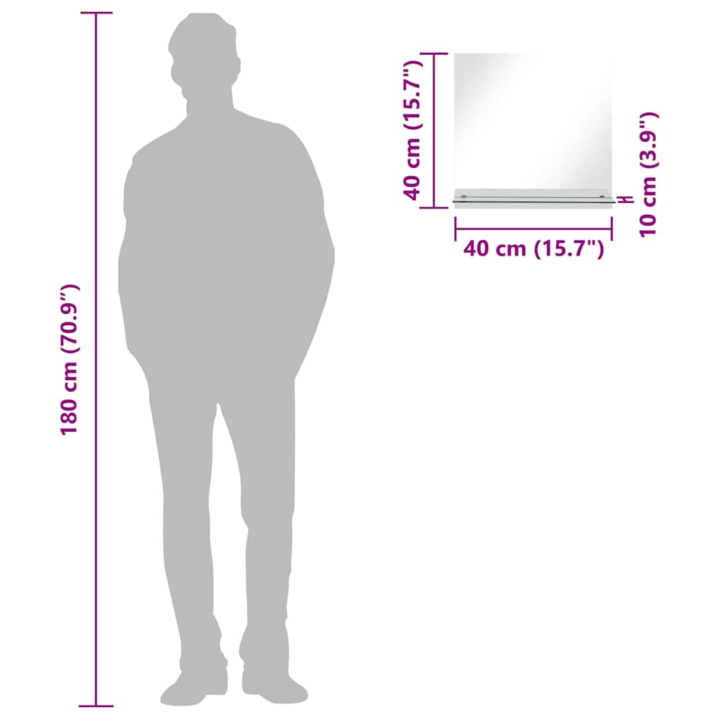 vægspejl med hylde 40x40 cm hærdet glas