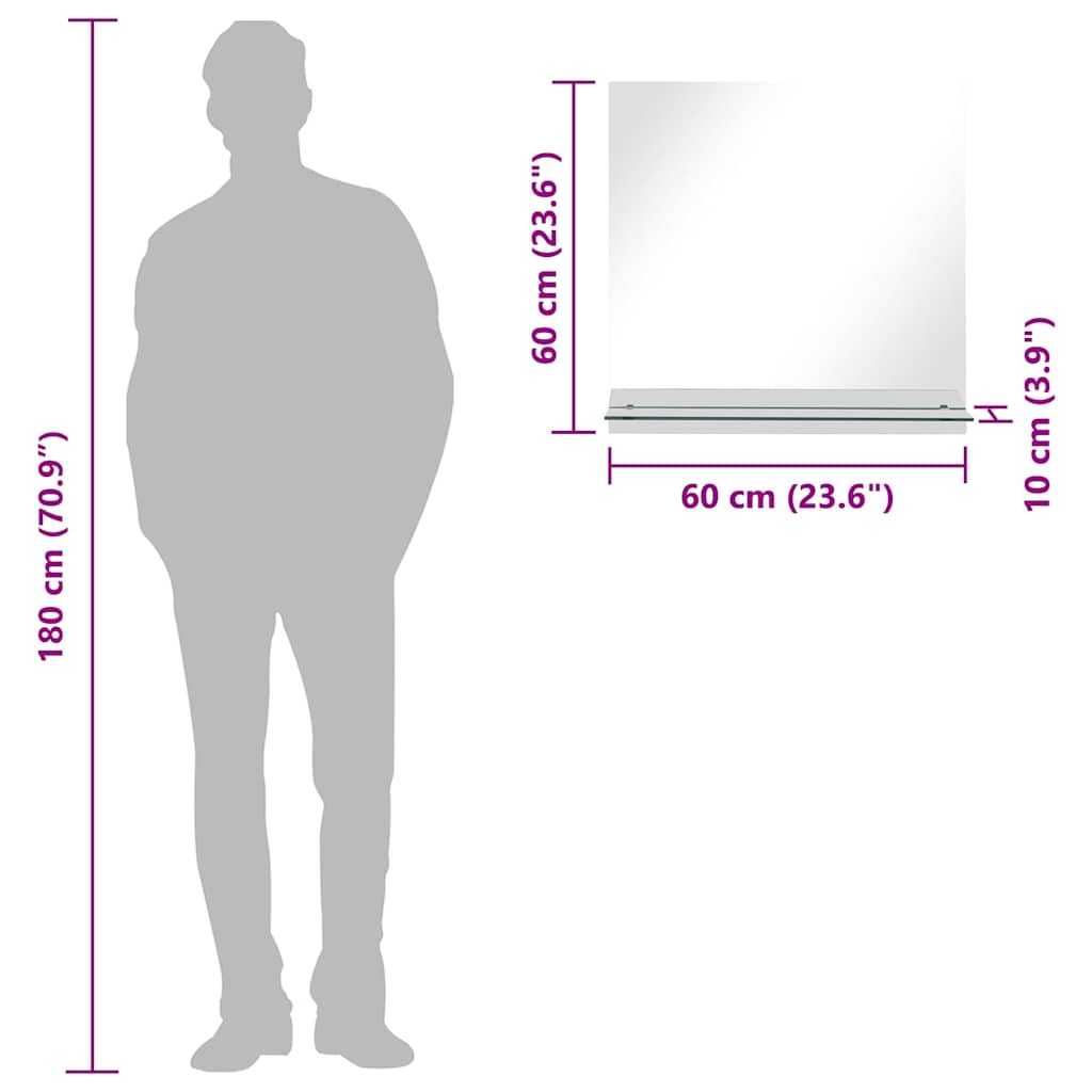 vægspejl med hylde 60x60 cm hærdet glas