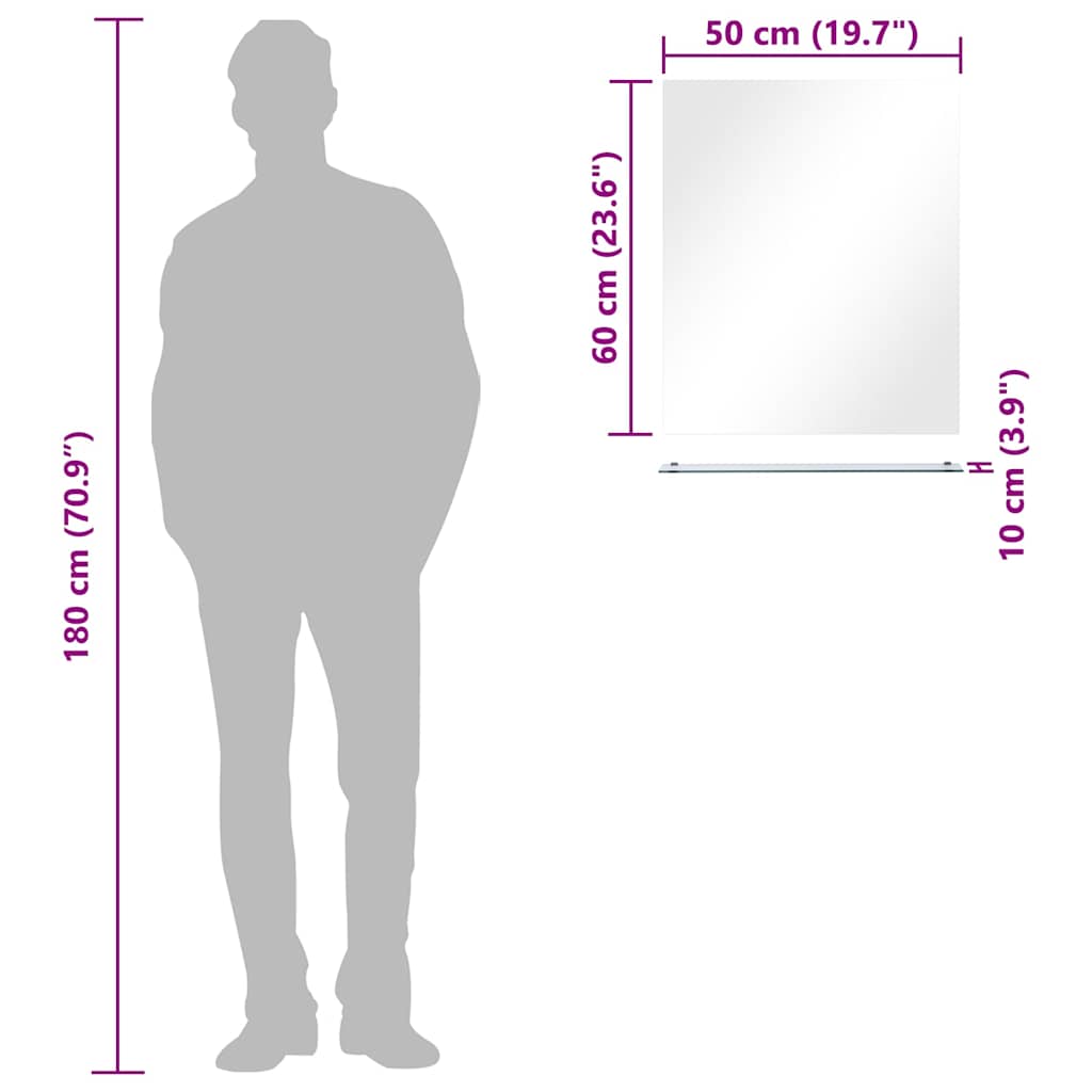 vægspejl med hylde 50 x 60 cm hærdet glas