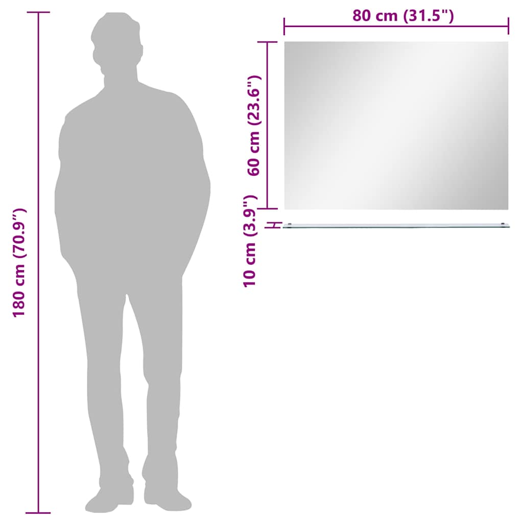 vægspejl med hylde 80x60 cm hærdet glas