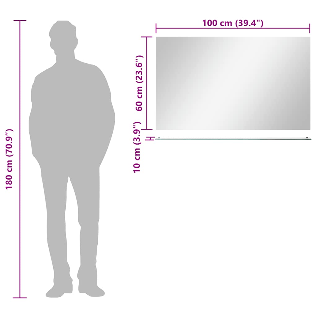 vægspejl med hylde 100x60 cm hærdet glas