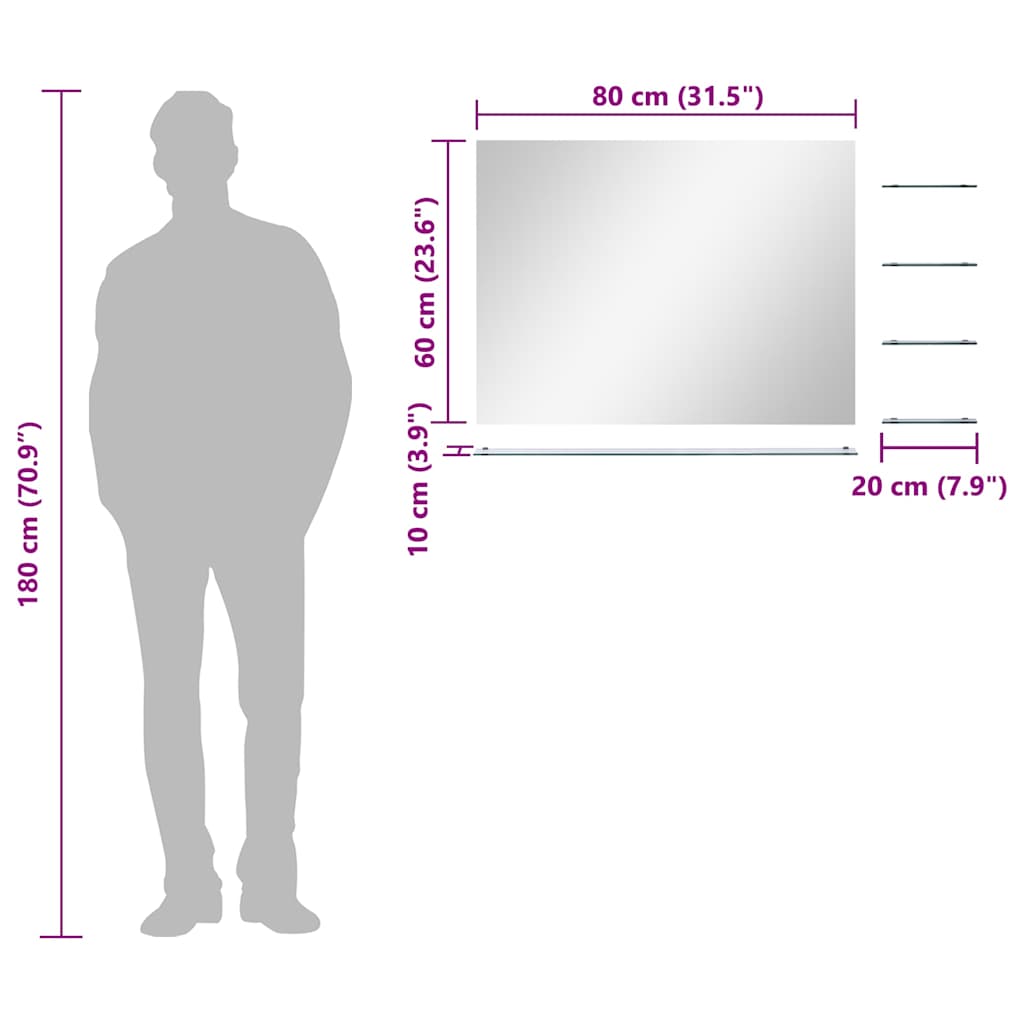 vægspejl med 5 hylder 80x60 cm sølvfarvet