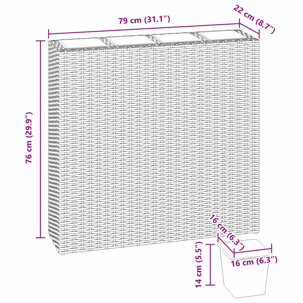 plantekasse med 4 krukker polyrattan brun
