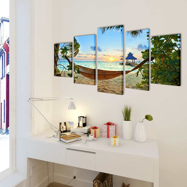Kanvasbilledsæt sandstrand med hængekøje 100 x 50 cm