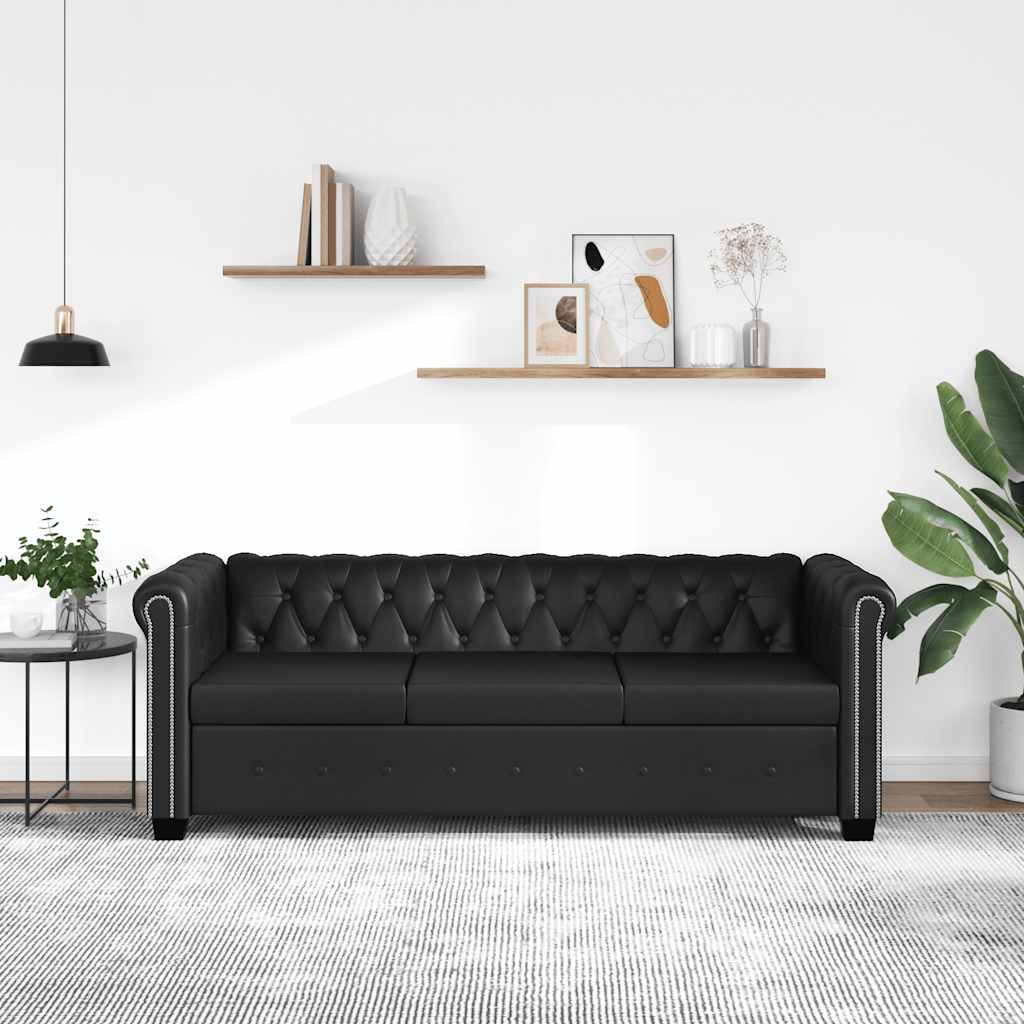 3-personers Chesterfield sofa kunstlæder sort
