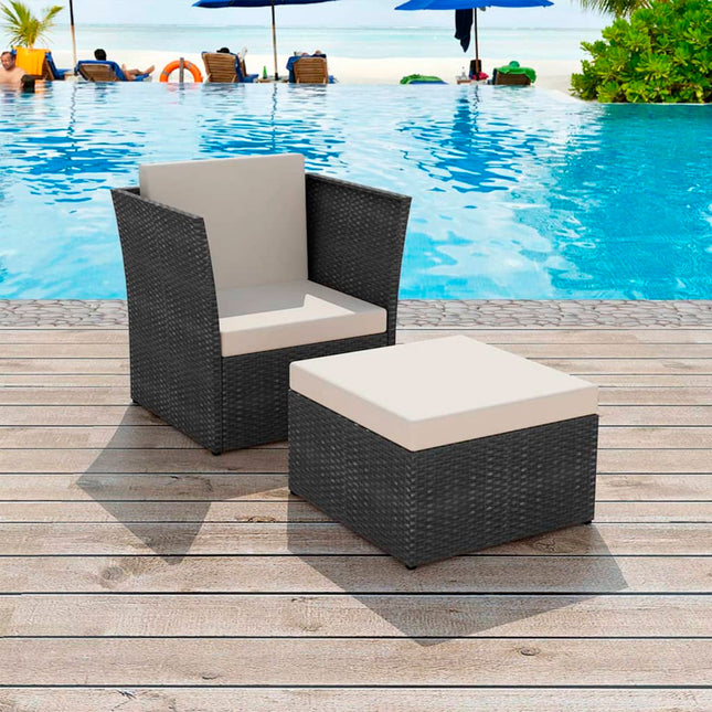 havestol med fodskammel polyrattan sort