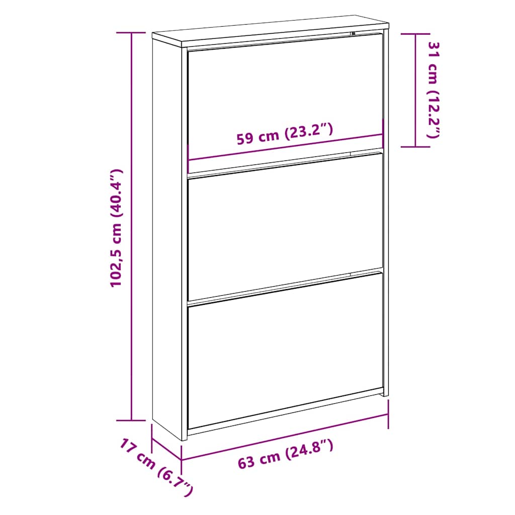 skoskab med 3 hylder og spejl 63x17x102,5 cm hvid