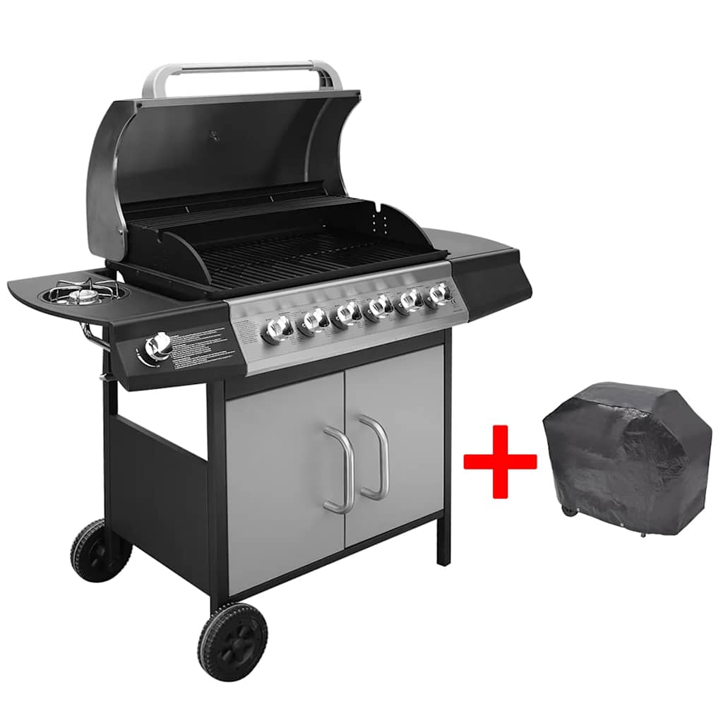 gasgrill 6 + 1 grillzoner sort og sølvfarvet