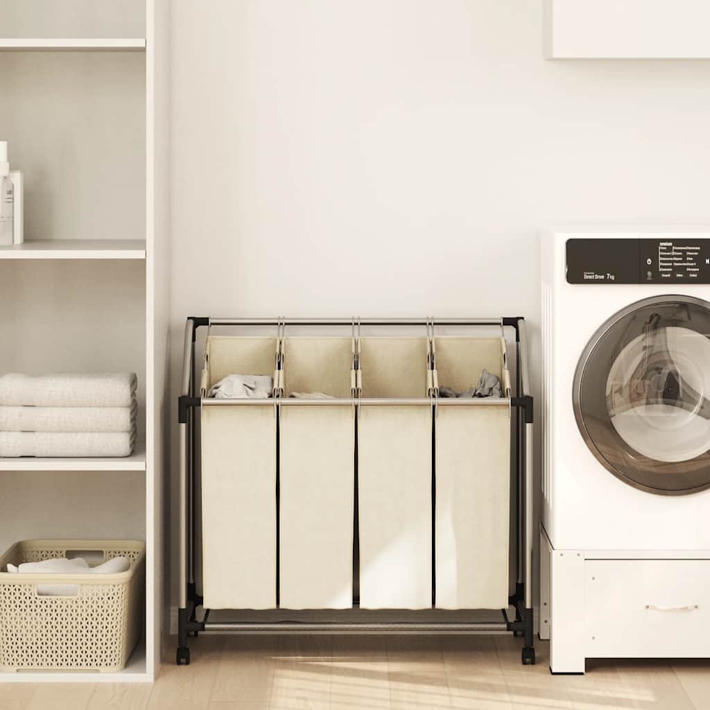 vasketøjskurv med 4 poser stål cremefarvet