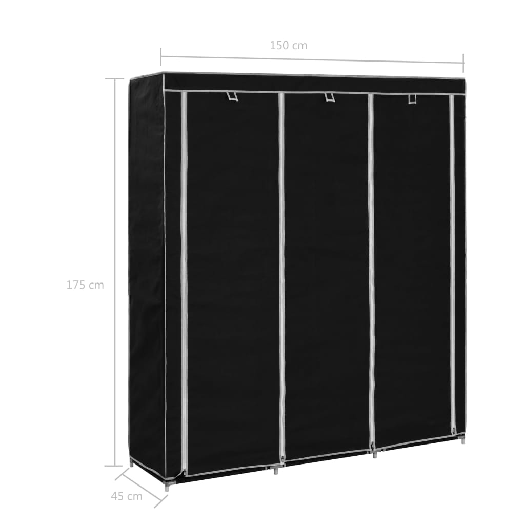 klædeskab med rum og tøjstænger 150 x 45 x 175 cm stof sort