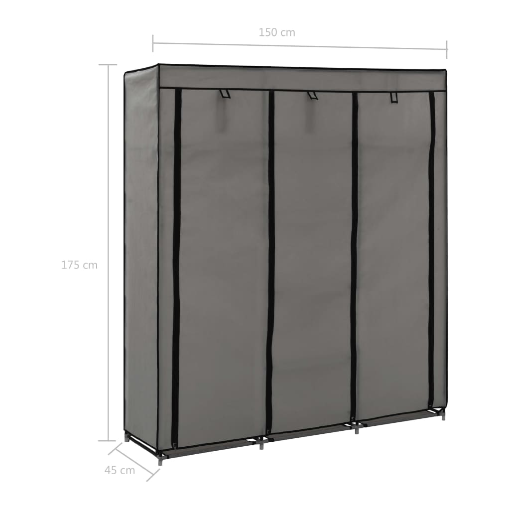 klædeskab med rum og tøjstænger 150 x 45 x 175 cm stof grå