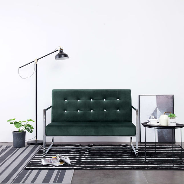 2-personers sofa med armlæn krom og fløjl mørkegrøn