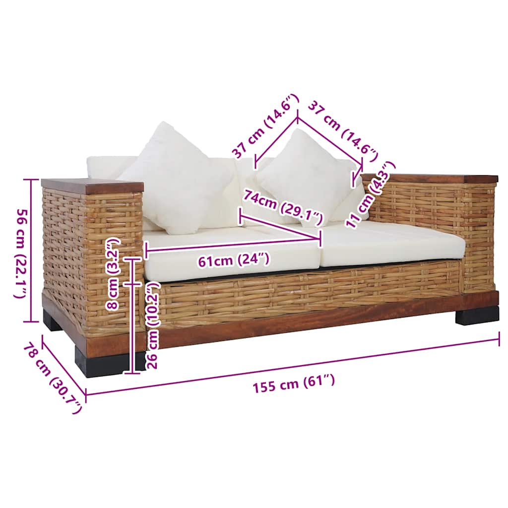 2-personers sofa med hynder naturlig rattan brun
