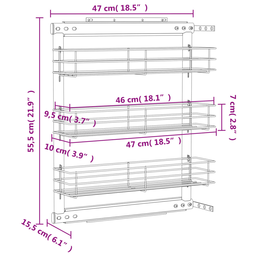 udtrækskurv til køkkenskab tre lag 47x15,5x55,5 cm sølv
