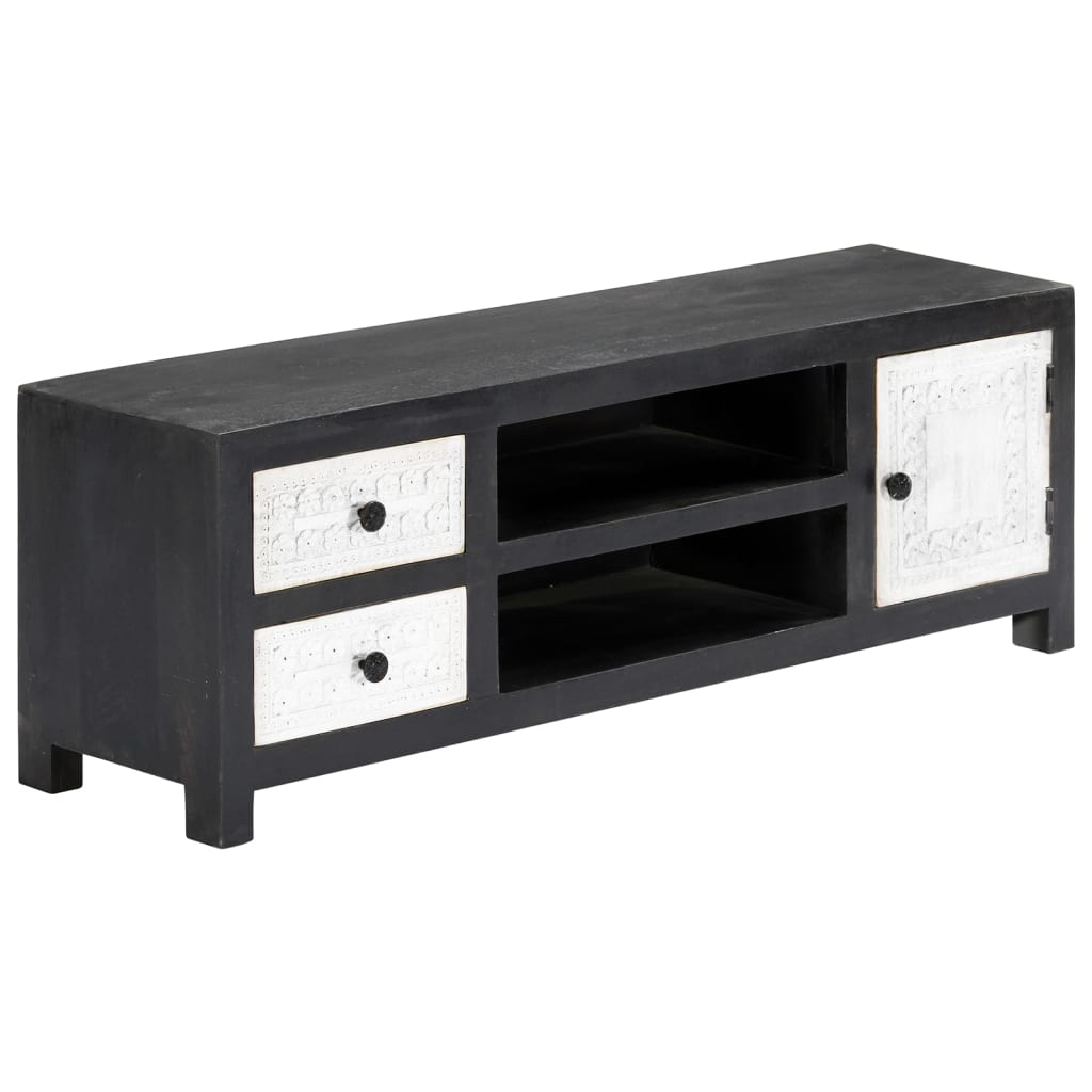 tv-bord 120x30x40 cm håndskåret massivt mangotræ grå og hvid