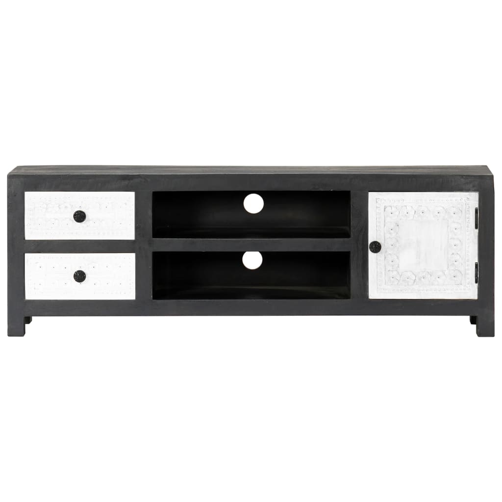 tv-bord 120x30x40 cm håndskåret massivt mangotræ grå og hvid