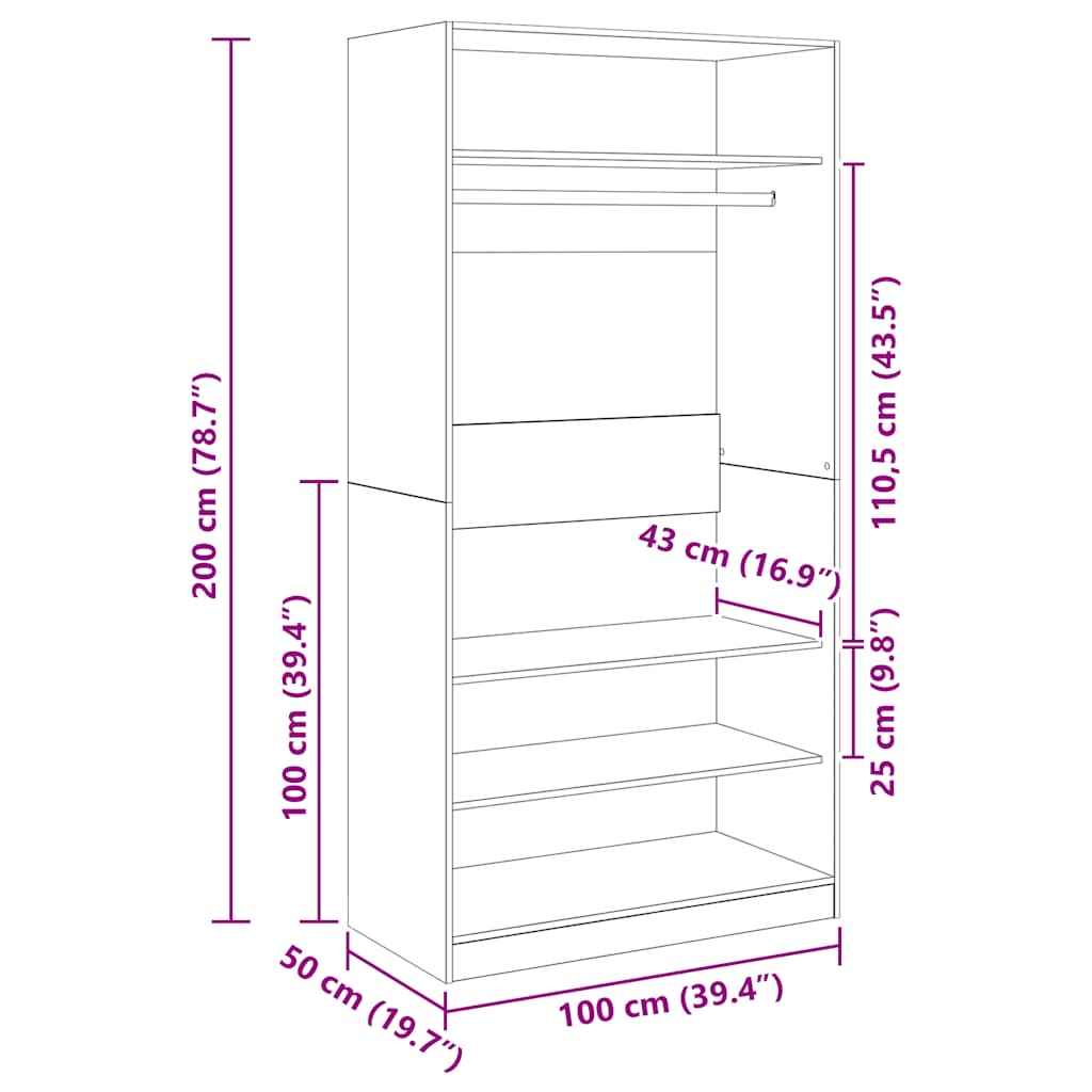 klædeskab 100x50x200 cm konstrueret træ betongrå