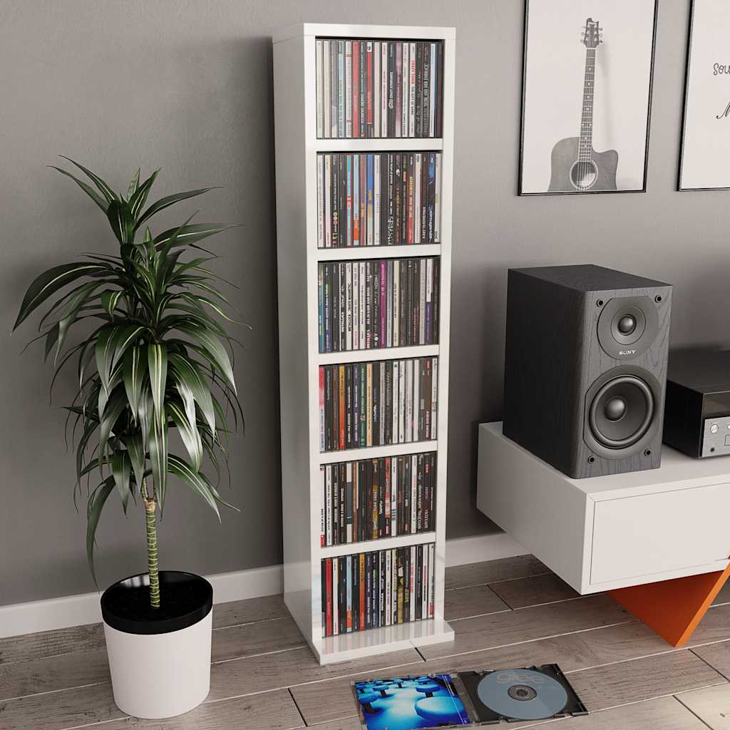cd-reol 21x20x88 cm konstrueret træ hvid højglans billede