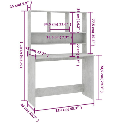 skrivebord m. hylder 110x45x157 cm konstrueret træ betongrå