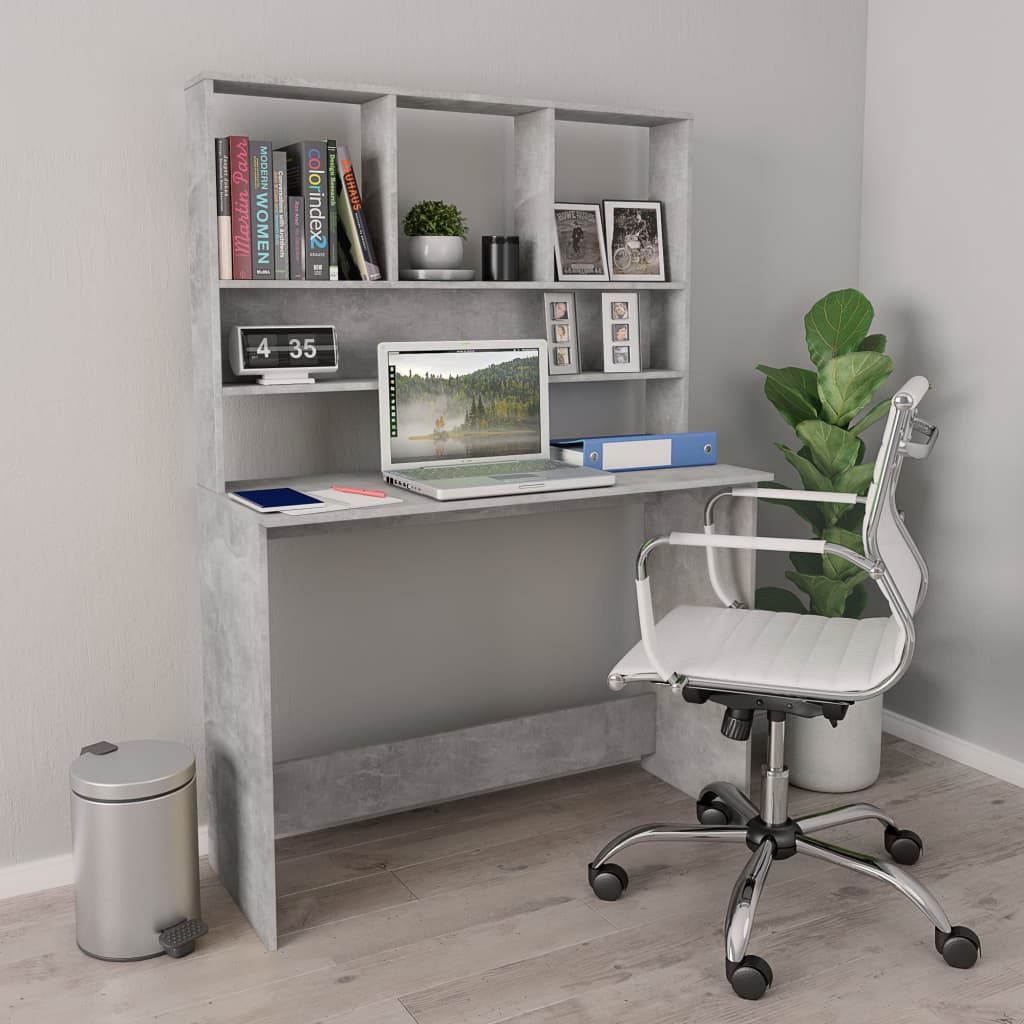 skrivebord m. hylder 110x45x157 cm konstrueret træ betongrå