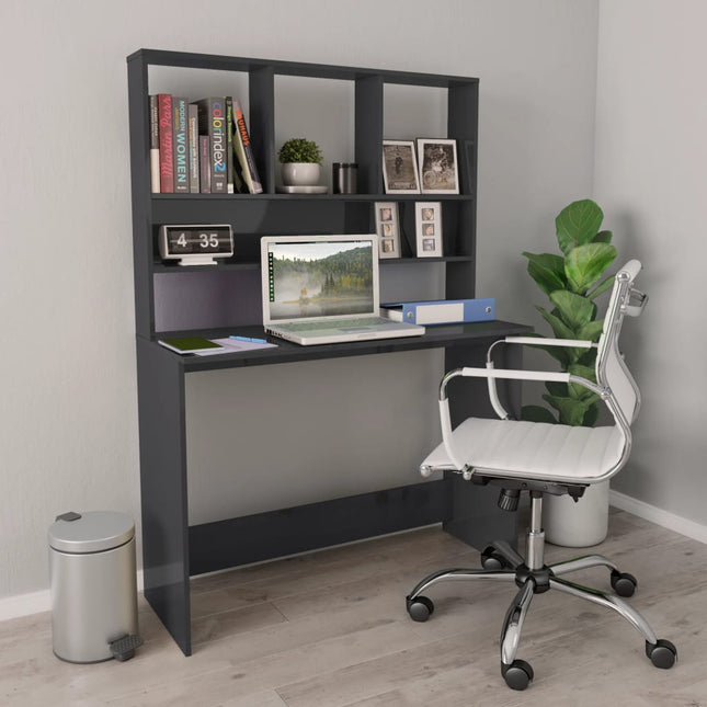 skrivebord m. hylder 110x45x157 cm konstrueret træ grå højglans