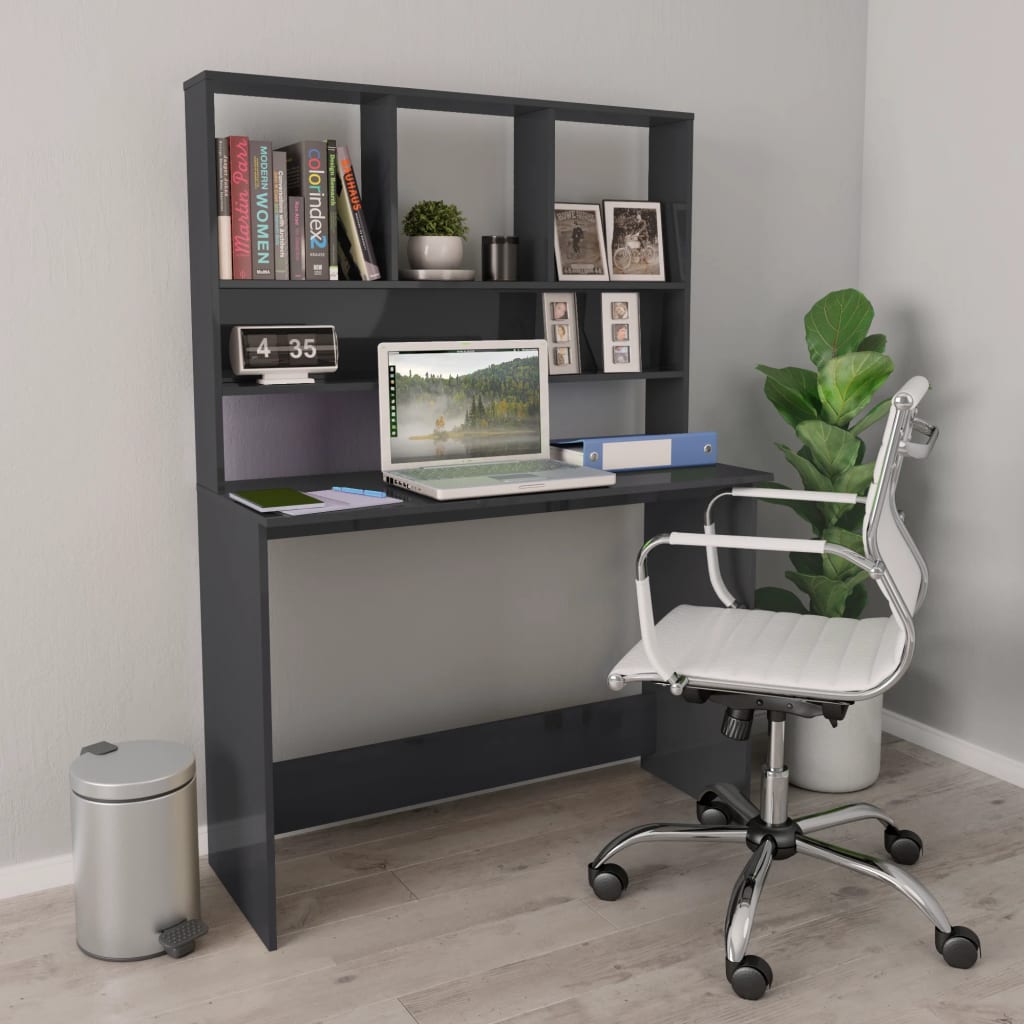 skrivebord m. hylder 110x45x157 cm konstrueret træ grå højglans