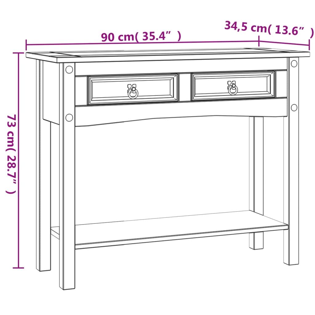 konsolbord Corona-serien 90x34,5x73 cm mexicansk fyrretræ hvid