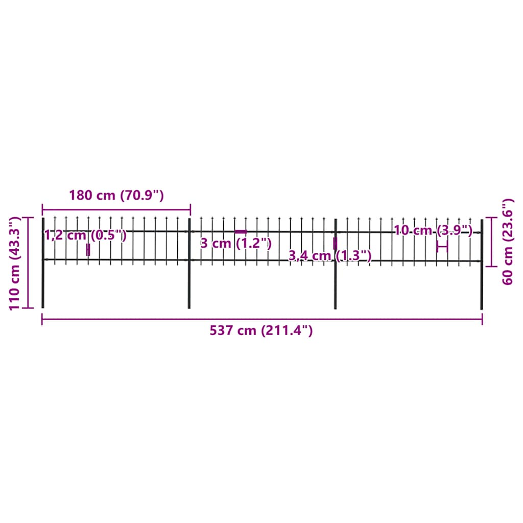 havehegn med spydtop stål 537x60 cm sort