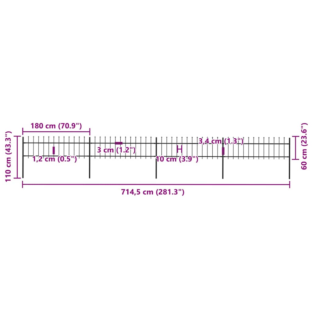 havehegn med spydtop stål 714,5x60 cm sort