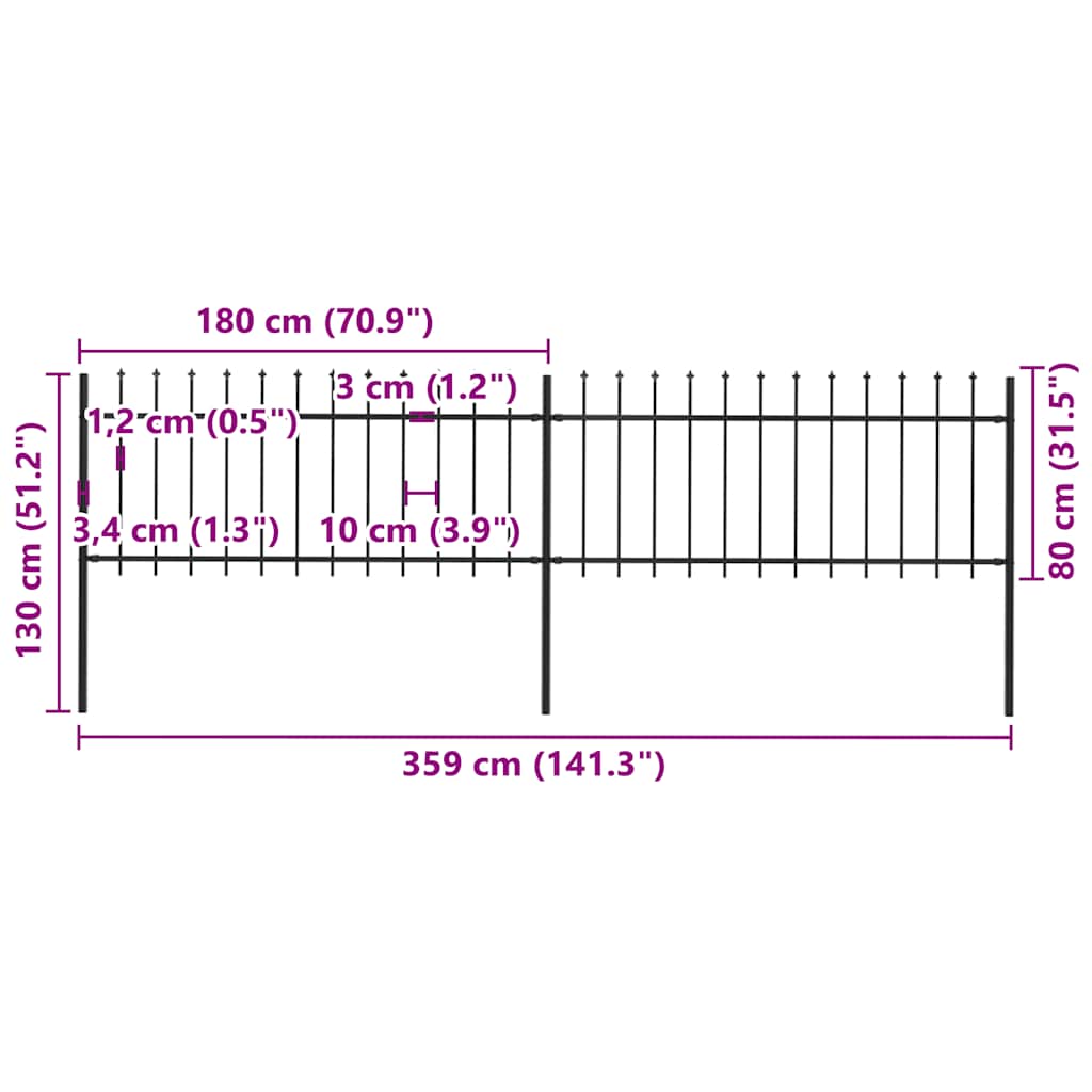 havehegn med spydtop stål 359x80 cm sort