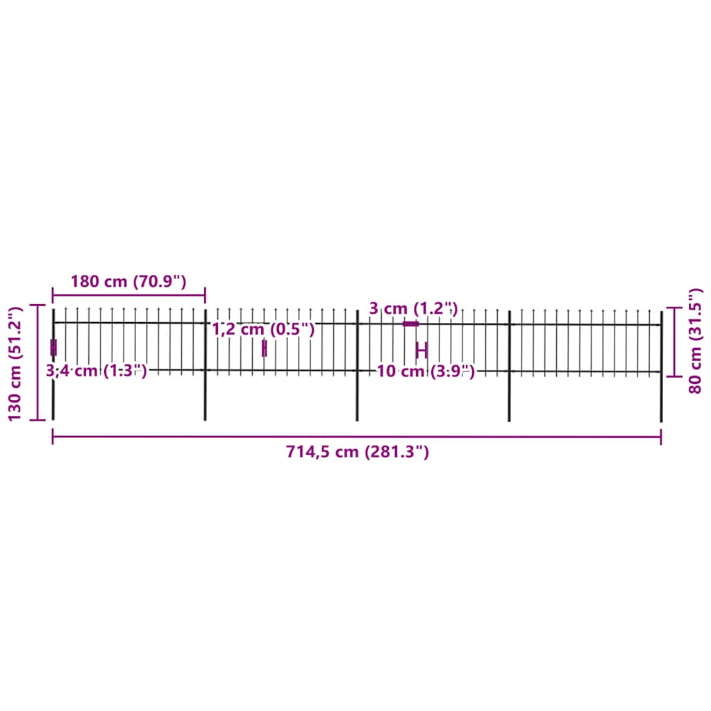 havehegn med spydtop stål 714,5x80 cm sort