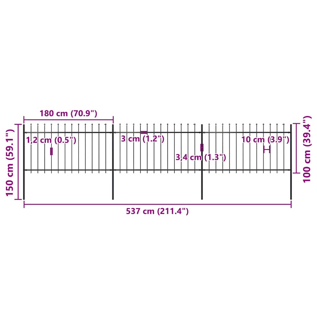 havehegn med spydtop stål 537x100 cm sort