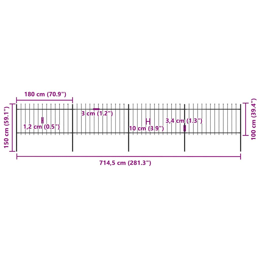 havehegn med spydtop stål 714,5x100 cm sort