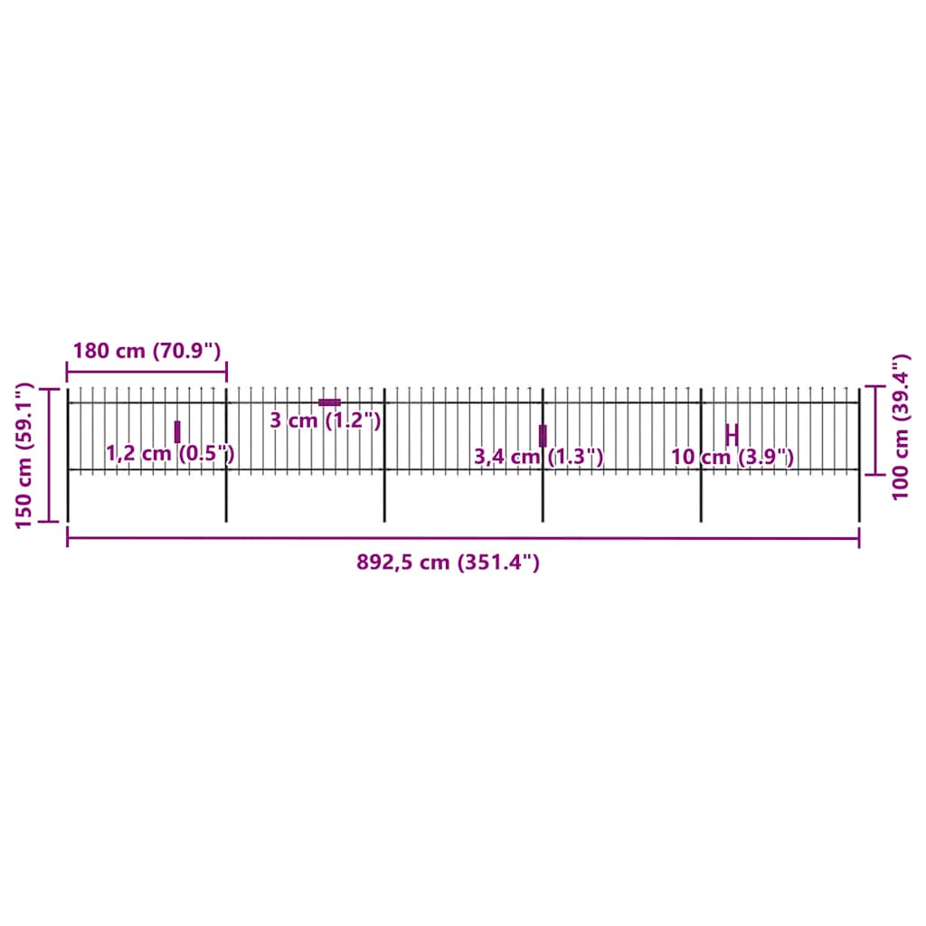 havehegn med spydtop stål 892,5x100 cm sort