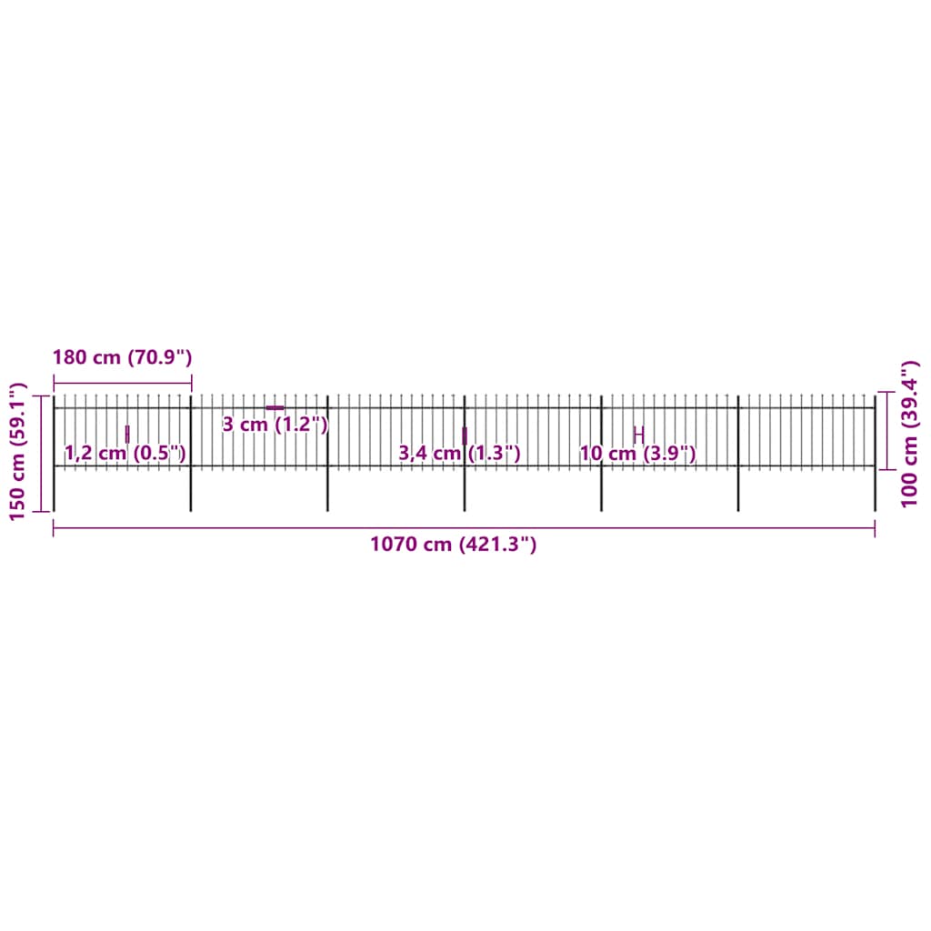havehegn med spydtop stål 1070x100 cm sort