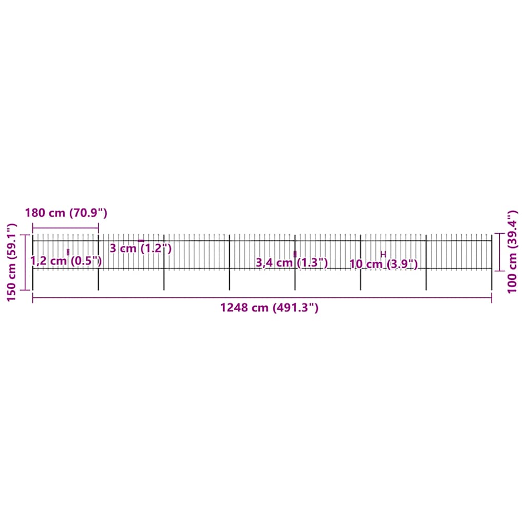 havehegn med spydtop stål 1248x100 cm sort