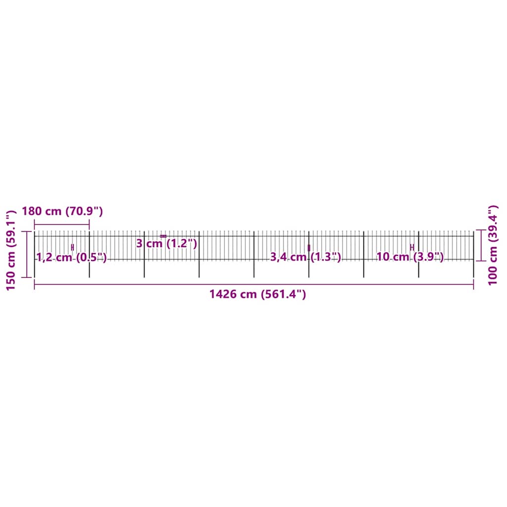 havehegn med spydtop stål 1426x100 cm sort